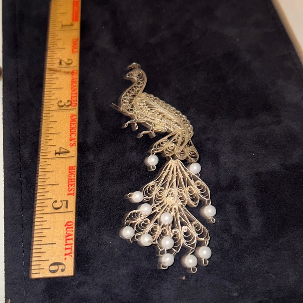 Vintage Sterling Silver filigree peacock brooch